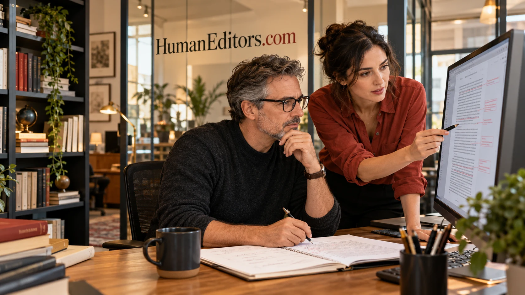 Two editors reviewing a manuscript together in a warm editorial workspace